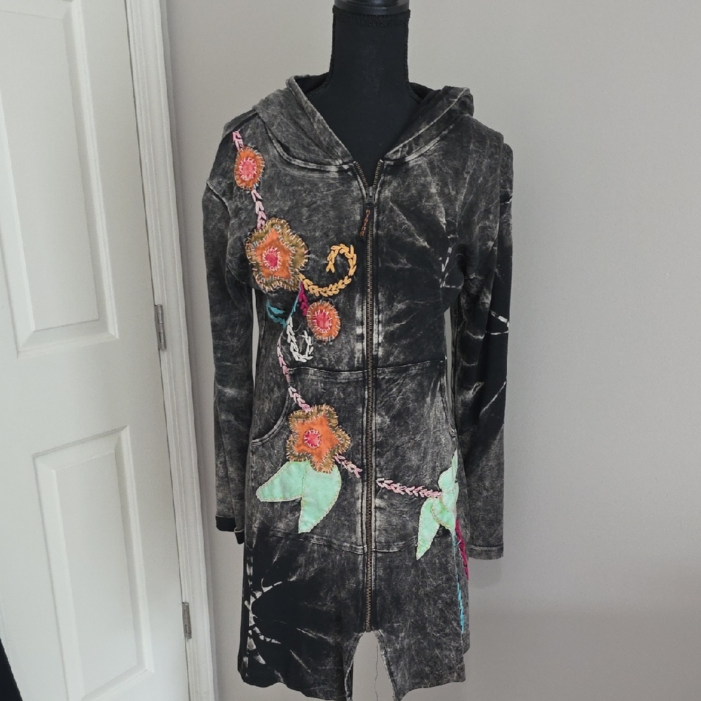 Rising International Distressed Black Jacket with Floral Accents